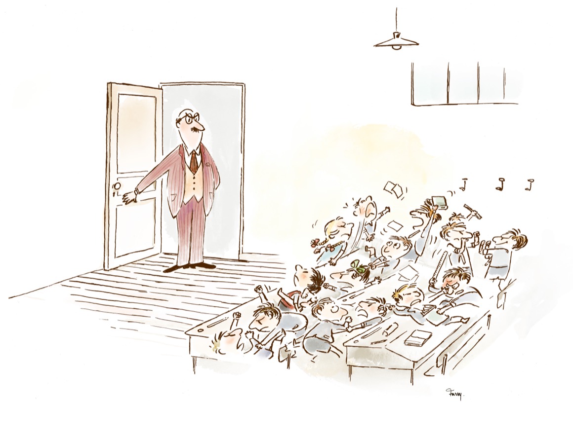 Le directeur ouvre la porte d’une classe où tous les élèves chahutent.